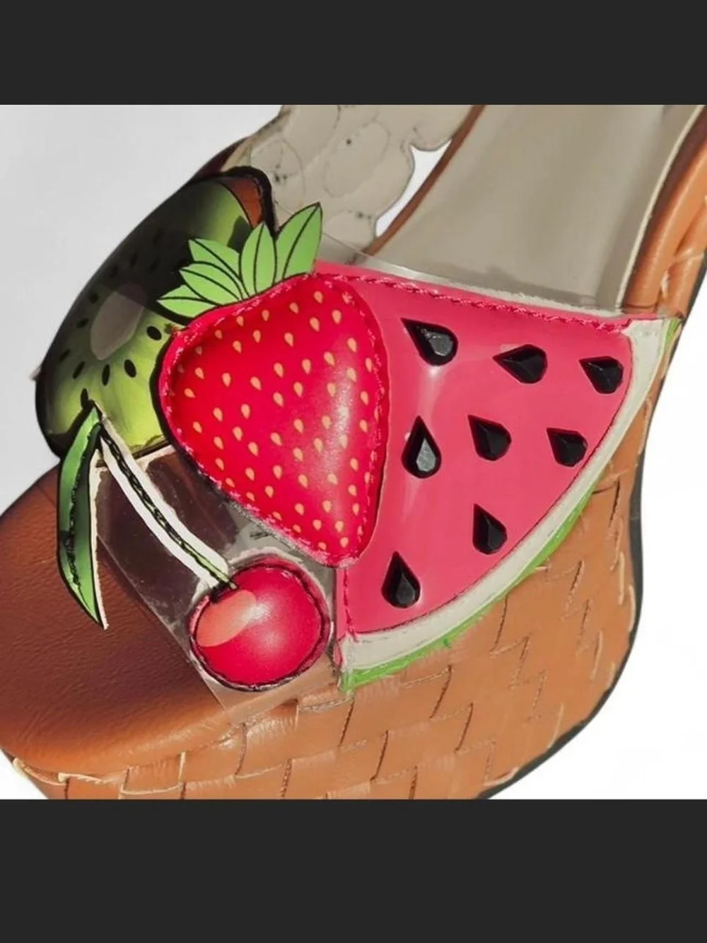 Dolls Kill Tan Platform Sandals with Colorful Fruit Appliqués